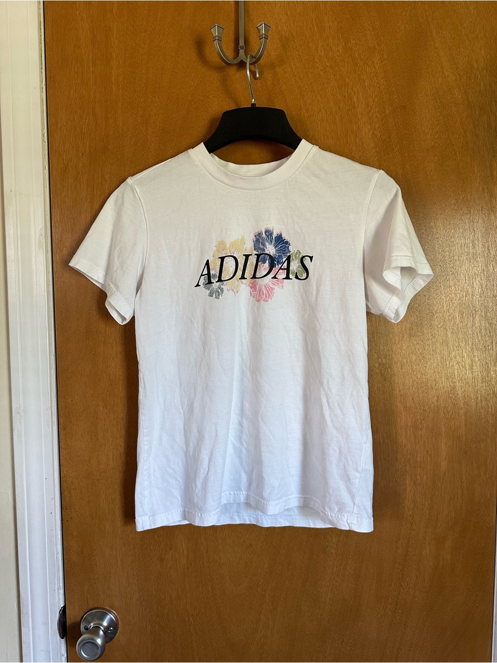 adidas White Short-Sleeve Tee with Pastel Floral Logo
